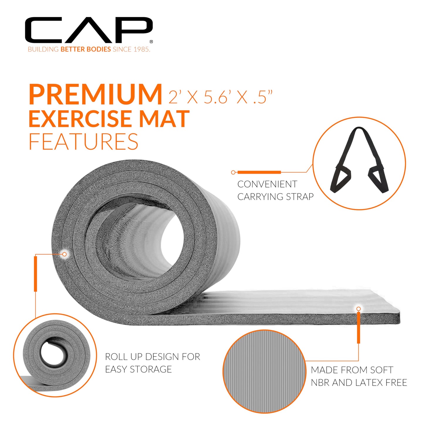 CAP Barbell High Density Exercise Mat with strap, 68"x24" 12mm - Gray - zenfulharmony.com