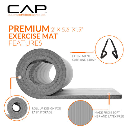 CAP Barbell High Density Exercise Mat with strap, 68"x24" 12mm - Gray - zenfulharmony.com