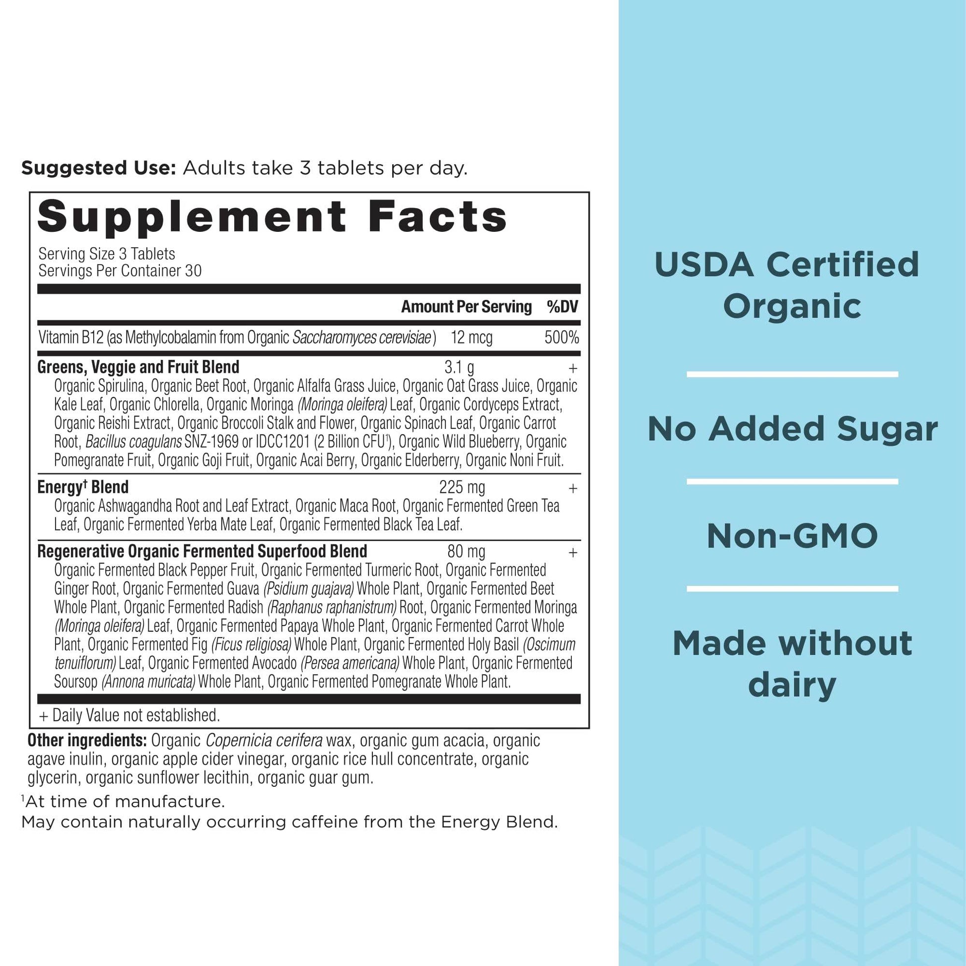 Ancient Nutrition Supergreens Energizer Tablets, Organic Superfood Tablets with Caffeine, Made from Real Fruits, Vegetables and Herbs, for Digestive and Energy Support, 90 Count - zenfulharmony.com