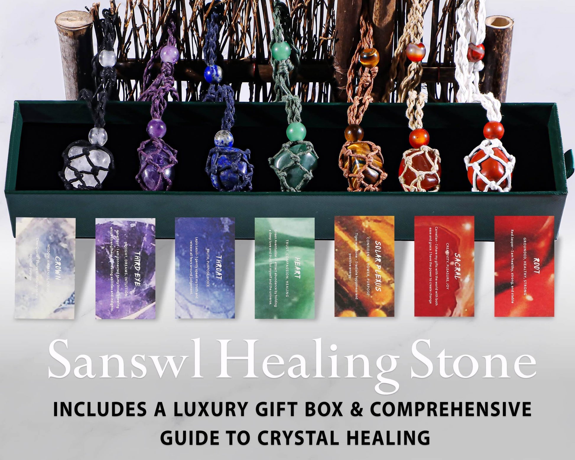 SANSWL 7 Chakra Healing Crystal Necklace Set - Boho Handmade Cord Cage and Hippie Energy Pendant Holder Real Crystal and Healing Stone Jewelry Spiritual Gift for Women Teen Christmas Gifts - zenfulharmony.com