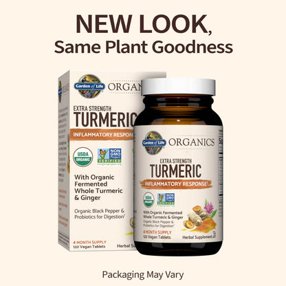 Garden of Life Organics Extra Strength Turmeric Inflammatory Response 120 Tablets-100Mg Curcumin (95% Curcuminoids) Black Pepper, Probiotics, Organic Non-GMO Vegan Gluten Free Herbal Supplement - zenfulharmony.com