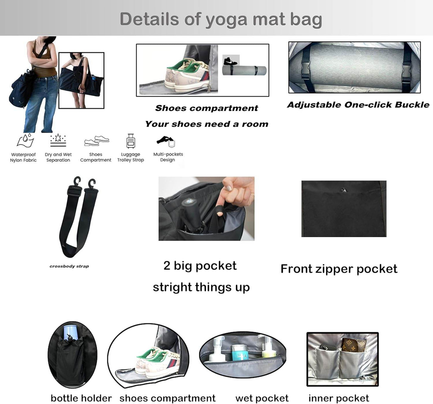 Yoga Mat Bag with Shoes compartment & Wet Compartment & shoulder bag &crossbody yoga bag large yoga bag with Yoga Mat Holder Yoga Bag with Adjustable Mat Strap for Women Men - zenfulharmony.com