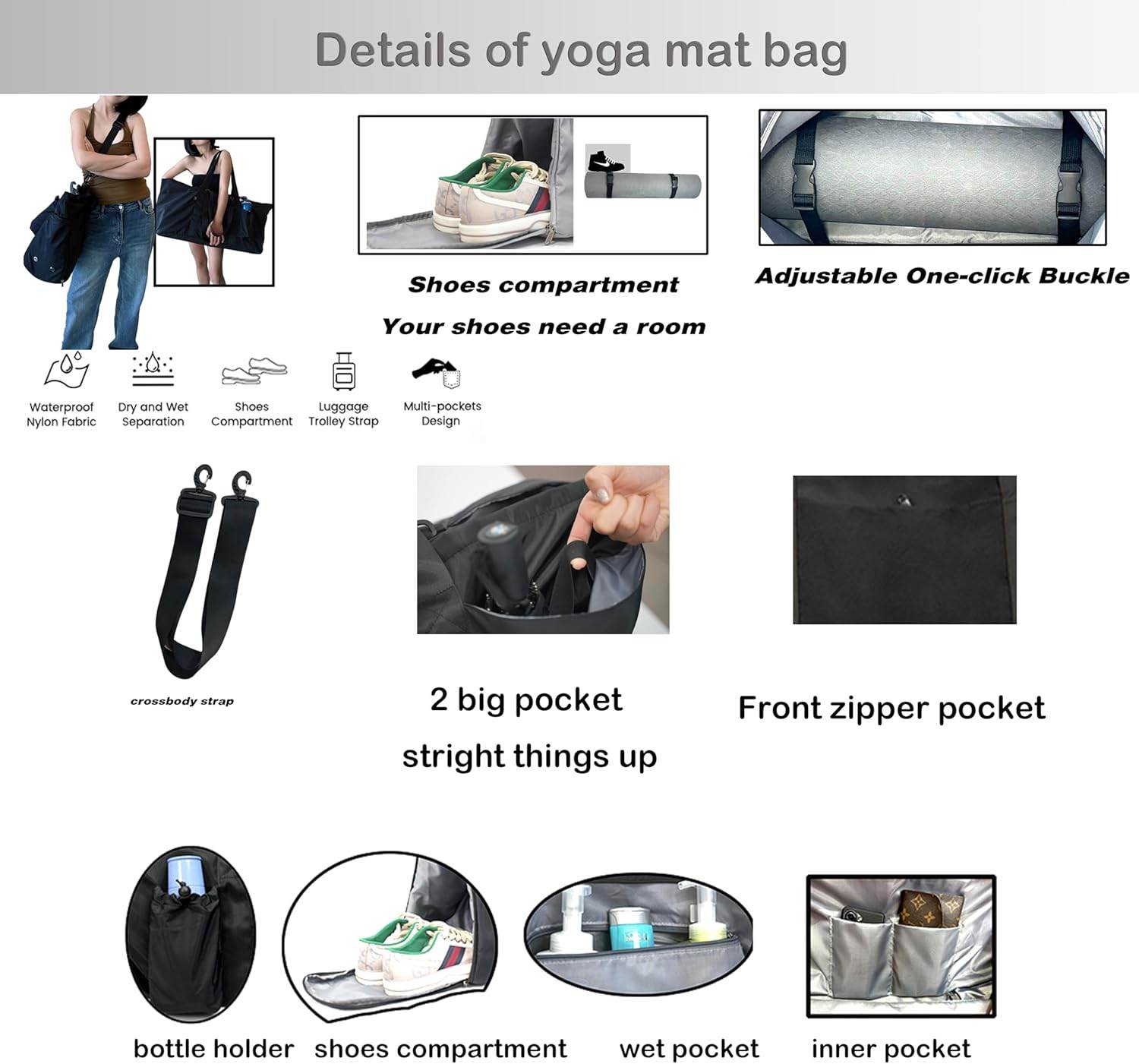 Yoga Mat Bag with Shoes compartment & Wet Compartment & shoulder bag &crossbody yoga bag large yoga bag with Yoga Mat Holder Yoga Bag with Adjustable Mat Strap for Women Men - zenfulharmony.com