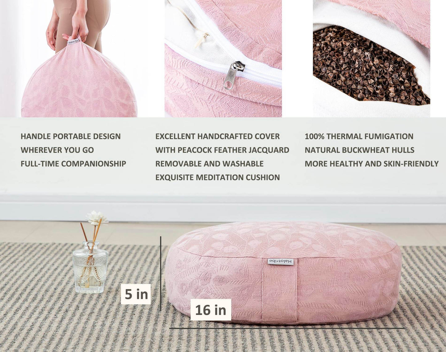 Halotribe Meditation Cushion, Comfortable Meditation Pillow with Peacock Feather Jacquard Cover. Buckwheat Hull Filled Zafu Floor Pillow 16 * 16 * 5 in - zenfulharmony.com