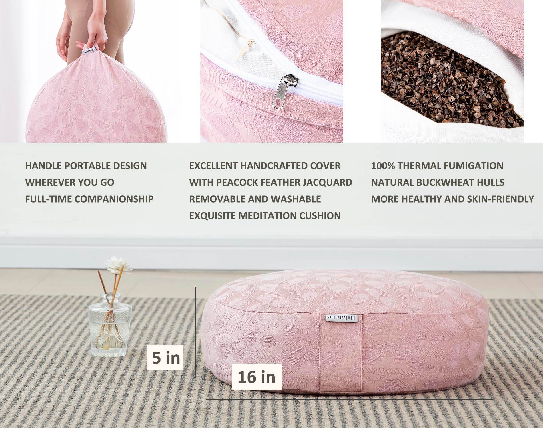 Halotribe Meditation Cushion, Comfortable Meditation Pillow with Peacock Feather Jacquard Cover. Buckwheat Hull Filled Zafu Floor Pillow 16 * 16 * 5 in - zenfulharmony.com