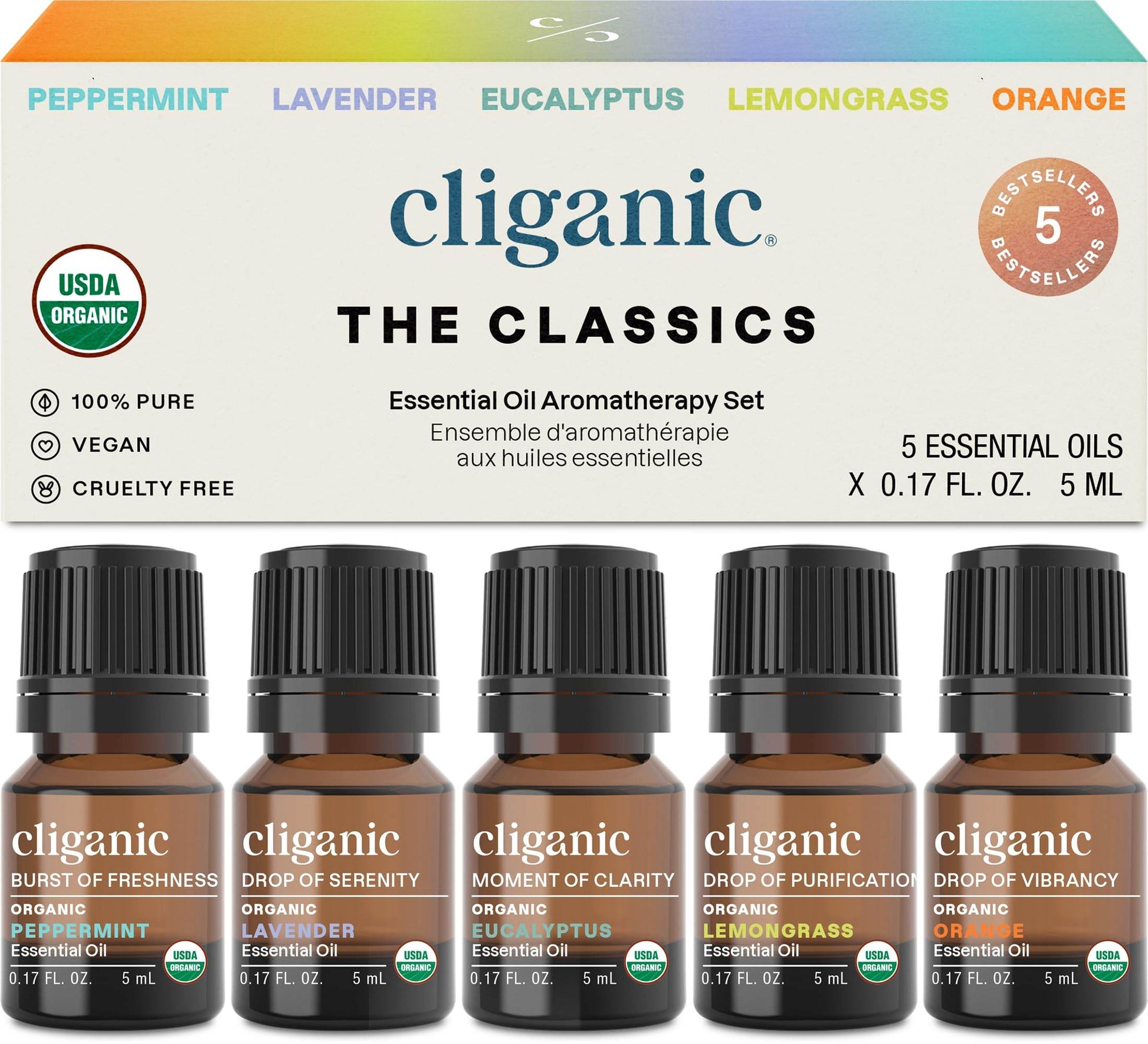 Cliganic Organic Essential Oils Set (Top 5) - 100% Pure Natural - Aromatherapy, Candle Making - Peppermint, Lavender, Eucalyptus, Lemongrass & Orange (Packaging May Vary) - zenfulharmony.com