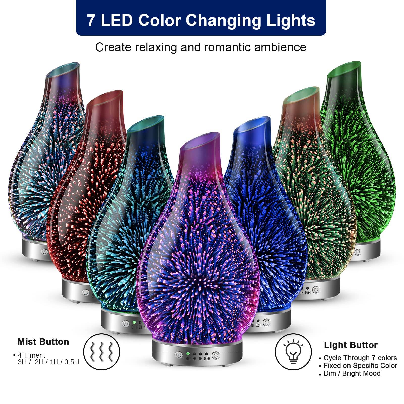 MAXWINER Essential Oil Diffusers Ultrasonic 3D Glass Aromatherapy Diffuser, Auto Shut-Off, Timer Setting, 7 Colors LED Lights Changing for Home, Office, Spa 120ml - zenfulharmony.com