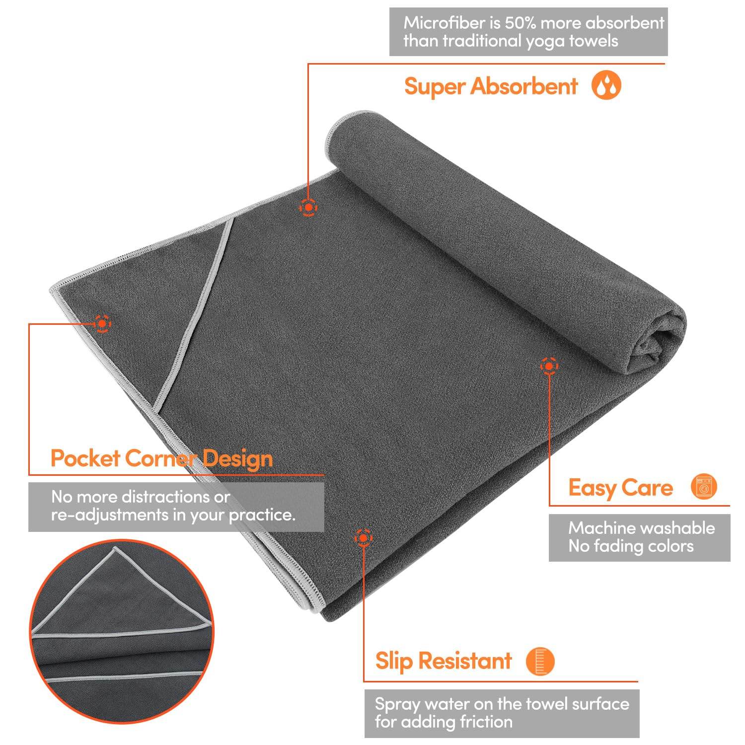 IUGA Non Slip Yoga Towel, Extra Thick Hot Yoga Towel + Hand Towel 2in1 Set with Corner Pockets Design, 100% Microfiber – Non Slip, Super Absorbent and Quick Dry - zenfulharmony.com