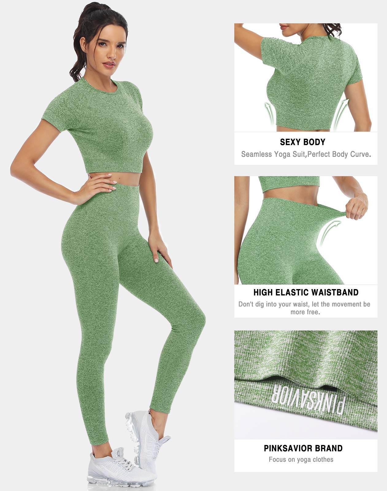 PINKSAVIOR Workout Sets for Women Two Piece Outfits Seamless High Waist Leggings Yoga Crop Tops Athletic Sports Gym Sets(P005M-Avocado - zenfulharmony.com