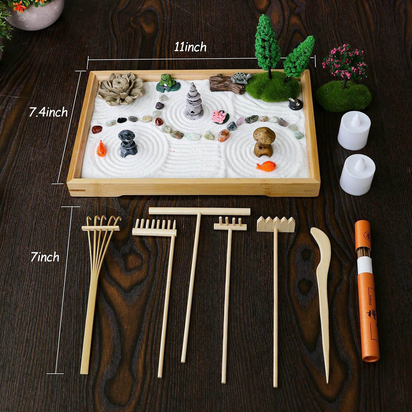 Desk Zen Garden Kit - 11x7.5in Mini Rock Garden Zen Gift Set for Home Office Desk Japanese Decor, Zen Sand Garden, 7 Tools, 21 Accessories.Bamboo Sand Tray Therapy Desktop Meditation Room Gifts - zenfulharmony.com