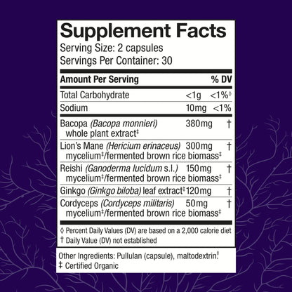 Host Defense MycoBotanicals Brain* Capsules - Brain Support Supplement with Lion's Mane, Reishi & Cordyceps Mushroom - Herbal Supplement for Memory & Focus Support - 60 Capsules (30 Servings)* - zenfulharmony.com