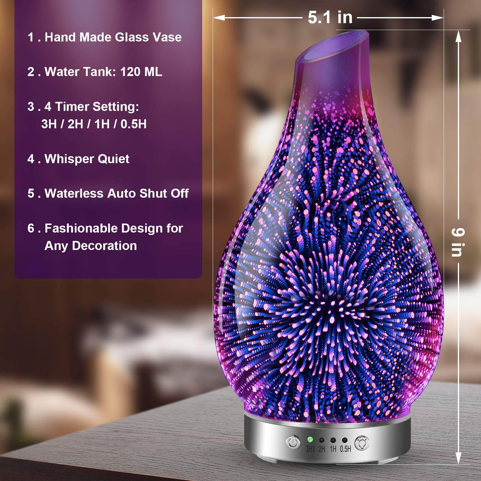 MAXWINER Essential Oil Diffusers Ultrasonic 3D Glass Aromatherapy Diffuser, Auto Shut-Off, Timer Setting, 7 Colors LED Lights Changing for Home, Office, Spa 120ml - zenfulharmony.com