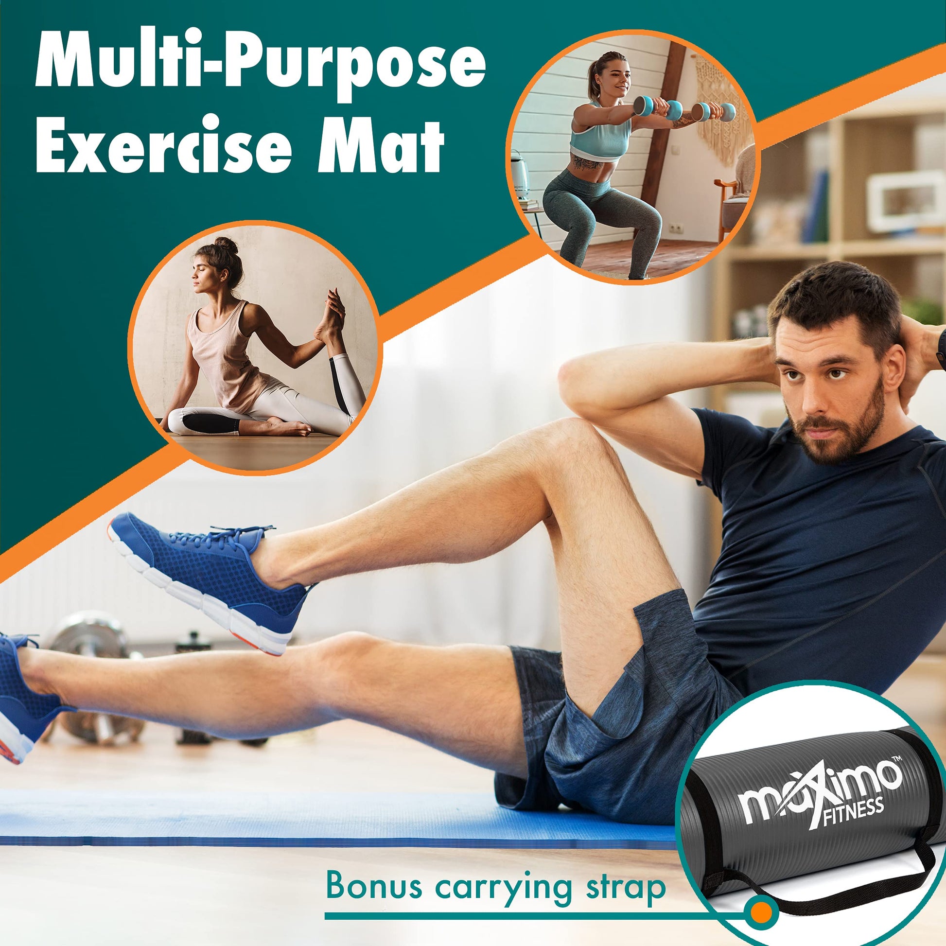 Maximo Fitness Yoga Mat - Multipurpose 72" x 24" x 0.5"(Standard) Exercise Mat for Men, Women and Kids, Ideal Non Slip Workout Mats for Yoga, Pilates, Gym Exercise with Carrying Strap - zenfulharmony.com