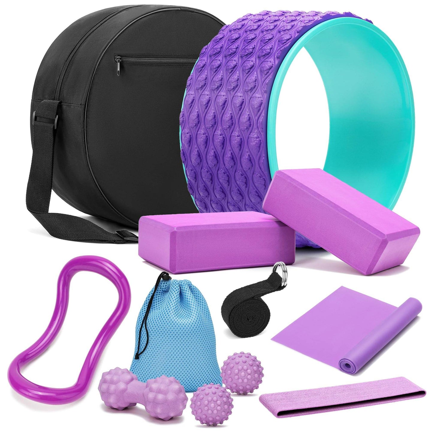 THYWD Yoga Wheel 12 in 1 Set with Back Cracker Roller for Pain Relief & Deep Tissue Massage Yoga Blocks 2 Pack with Yoga Ring, Yoga Accessory for Stretching Equipment, Yoga Starter Kit for Beginner - zenfulharmony.com