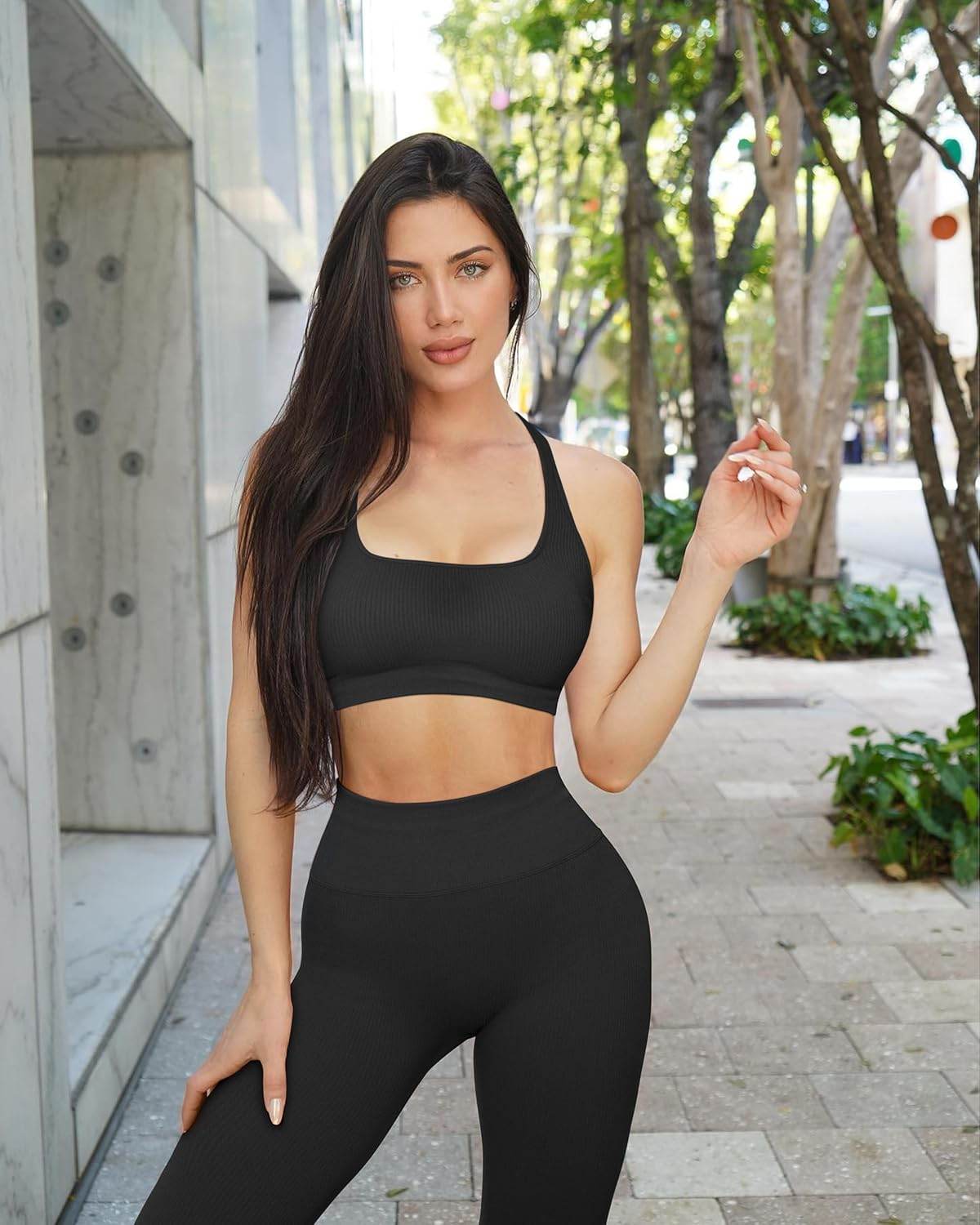 RXRXCOCO Ribbed Workout Sets for Women 2 Piece Backless Strappy Sports Bra Seamless Leggings Matching Set Yoga Outfits - zenfulharmony.com