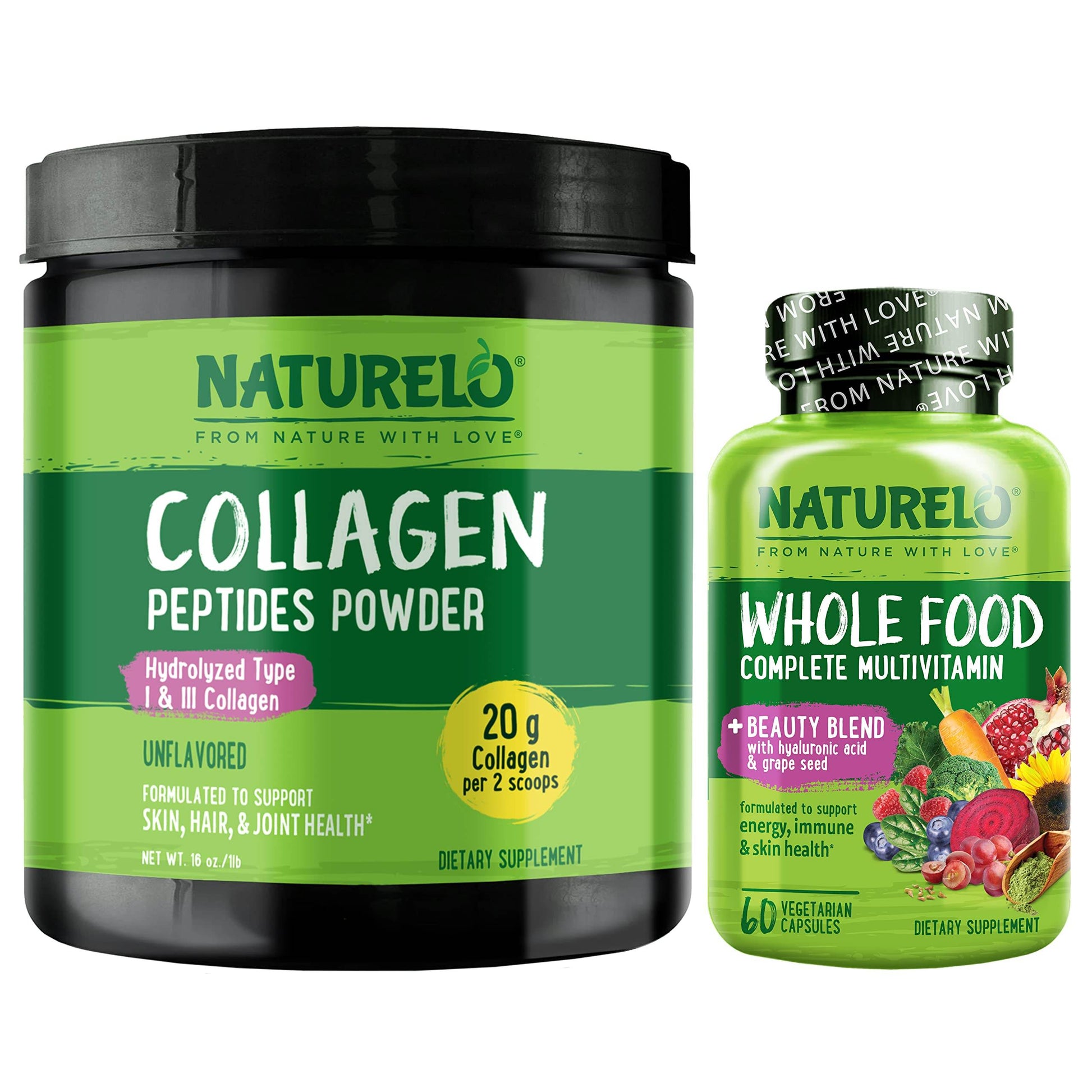 NATURELO Whole Food Beauty Multivitamin, 60 Count Collagen Peptide Powder, 45 Servings - zenfulharmony.com