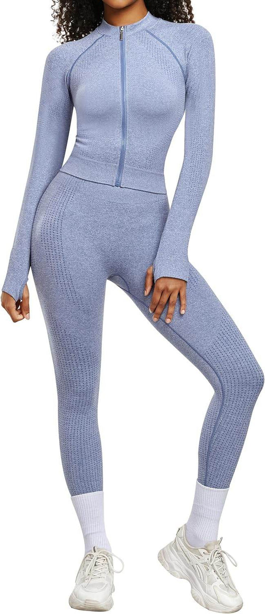 OLCHEE Womens Workout Sets 2 Piece - Seamless Yoga Outfits Long Sleeve Zipper Jacket High Waist Leggings Butt Lifting Gym Set - zenfulharmony.com