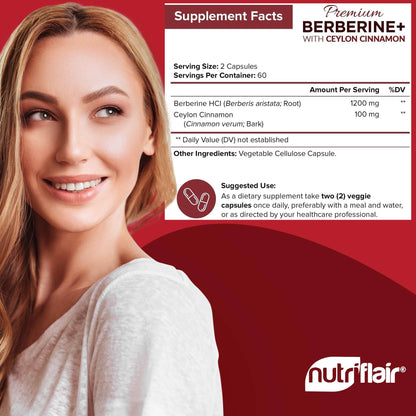 NutriFlair Premium Berberine HCL 1200mg, 120 Capsules - Plus Pure True Ceylon Cinnamon, Berberine HCI Root Supplements Pills - Immune System - yields an Optimal 8% Berberine - zenfulharmony.com