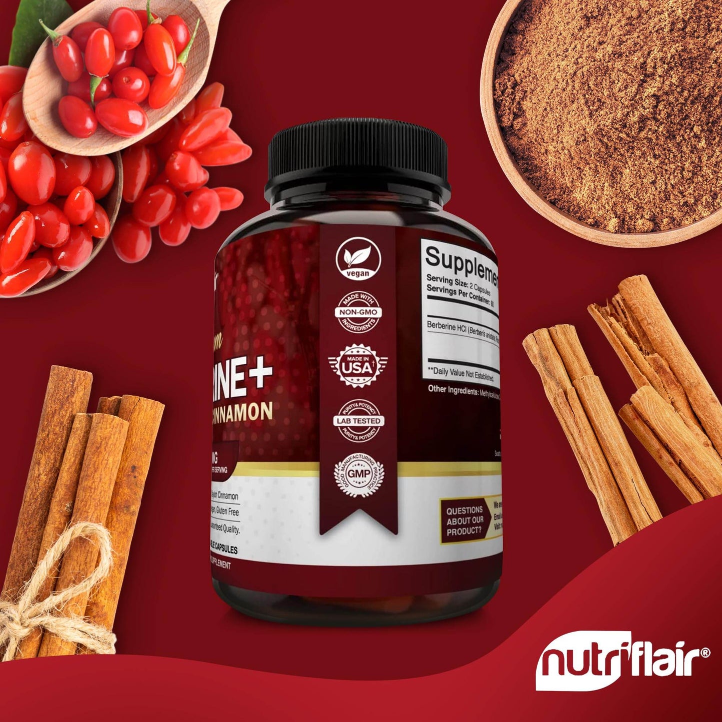 NutriFlair Premium Berberine HCL 1200mg, 120 Capsules - Plus Pure True Ceylon Cinnamon, Berberine HCI Root Supplements Pills - Immune System - yields an Optimal 8% Berberine - zenfulharmony.com