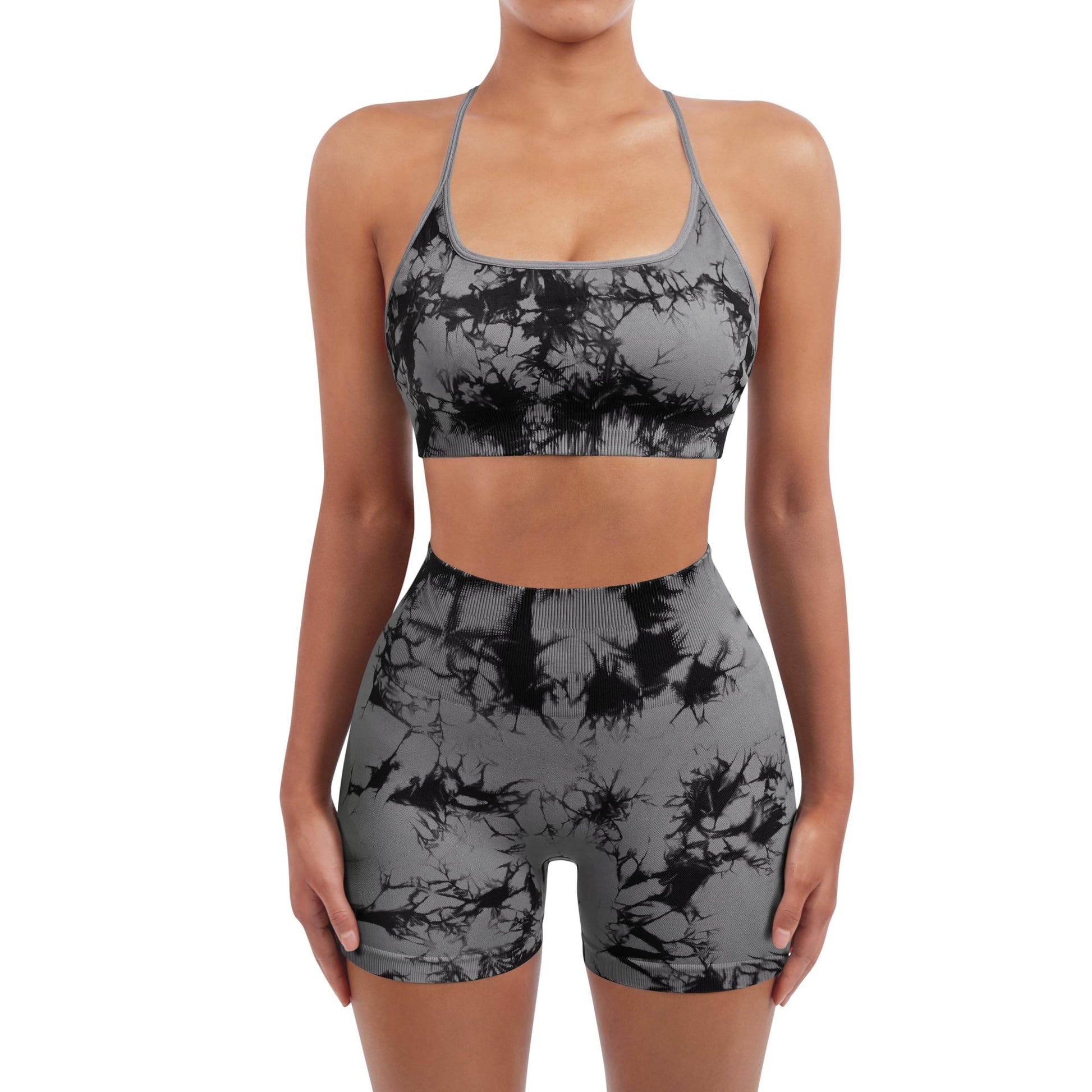 SUUKSESS Women Seamless 2 piece Workout Sets Strappy Padded Sports Bra Booty High Waisted Shorts Outfits (Black Grey,M) - zenfulharmony.com