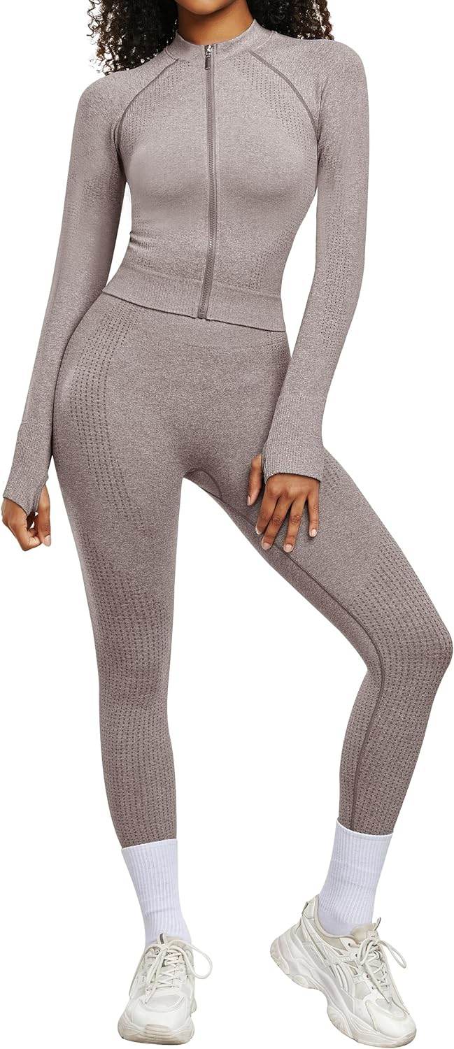 OLCHEE Womens Workout Sets 2 Piece - Seamless Yoga Outfits Long Sleeve Zipper Jacket High Waist Leggings Butt Lifting Gym Set - zenfulharmony.com
