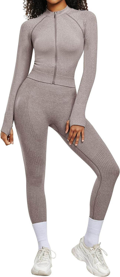 OLCHEE Womens Workout Sets 2 Piece - Seamless Yoga Outfits Long Sleeve Zipper Jacket High Waist Leggings Butt Lifting Gym Set - zenfulharmony.com