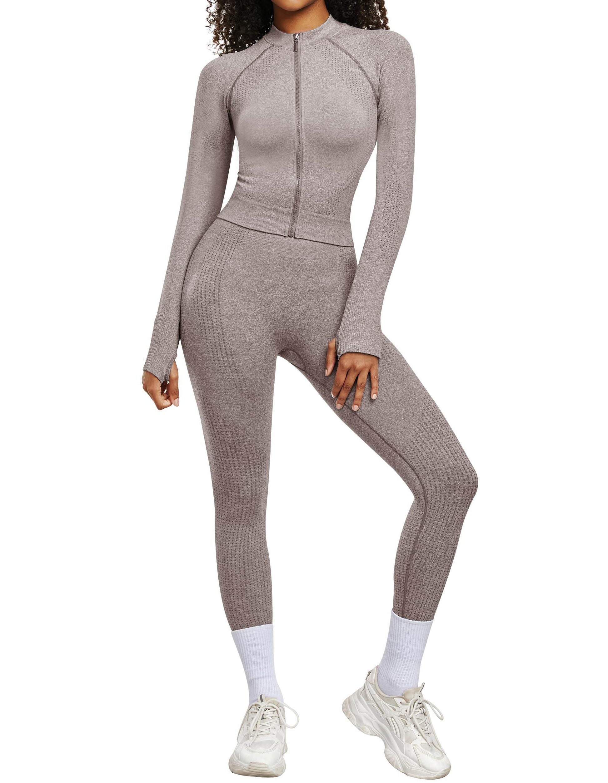 OLCHEE Womens Workout Sets 2 Piece - Seamless Yoga Outfits Long Sleeve Zipper Jacket and High Waist Leggings Butt Lifting Gym Set - Cream Medium - zenfulharmony.com