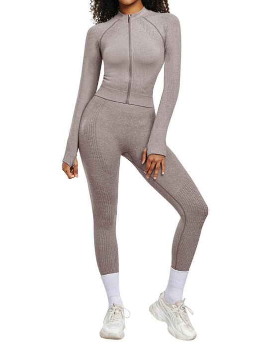 OLCHEE Womens Workout Sets 2 Piece - Seamless Yoga Outfits Long Sleeve Zipper Jacket and High Waist Leggings Butt Lifting Gym Set - Cream Medium - zenfulharmony.com