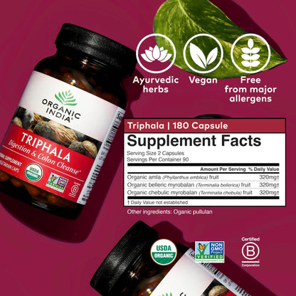Organic India Triphala Capsules Organic - Herbal Supplement with Amla, Bibhitaki, Haritaki, Digestion & Colon Support, Immune System Support, Adaptogen, Vegan, USDA Certified Organic - 180 Capsules - zenfulharmony.com