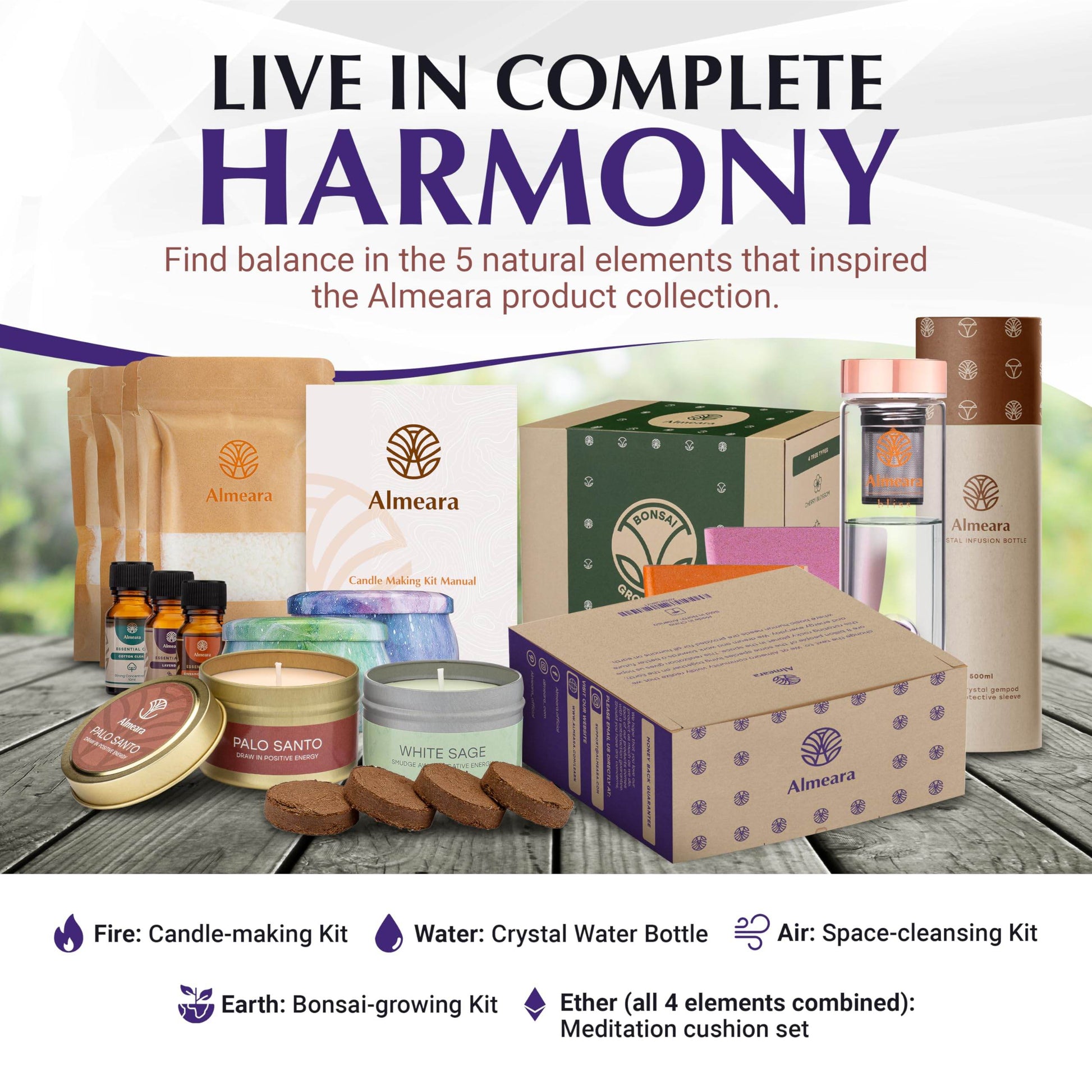 Almeara Meditation Cushion Set - Crescent Cushion & Large Square Floor Pillow | Buckwheat Bolster for Back Support | Waterproof Bottom for Outdoors - Incl. Large Bag & Gift Ready Box - 24in x 24in - zenfulharmony.com