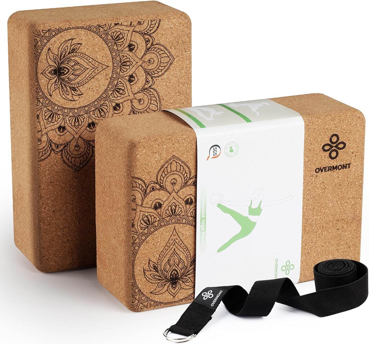 Overmont Cork Yoga Blocks 2 pack with 8ft Strap Set Natural Cork Yoga Bricks- High Density & Eco Friendly Yoga Accessories for Women - Ideal for Yoga Pilates General Fitness and Stretching 9x6x3'' - zenfulharmony.com