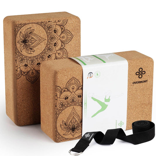 Overmont Cork Yoga Blocks 2 pack with 8ft Strap Set Natural Cork Yoga Bricks- High Density & Eco Friendly Yoga Accessories for Women - Ideal for Yoga Pilates General Fitness and Stretching 9x6x3'' - zenfulharmony.com