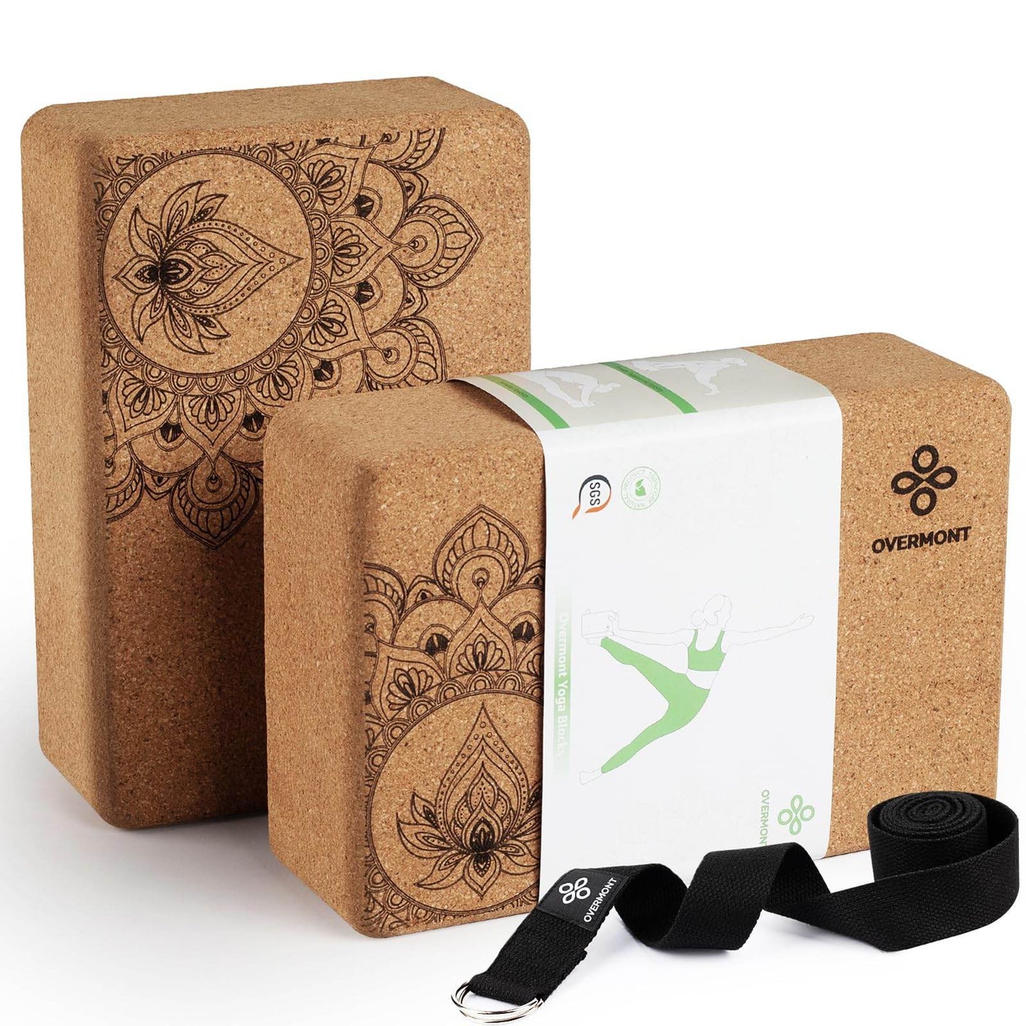 Overmont Cork Yoga Blocks 2 pack with 8ft Strap Set Natural Cork Yoga Bricks- High Density & Eco Friendly Yoga Accessories for Women - Ideal for Yoga Pilates General Fitness and Stretching 9x6x3'' - zenfulharmony.com
