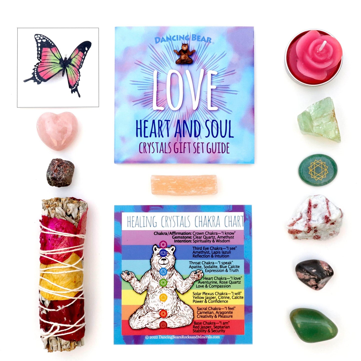 DANCING BEAR Healing Crystals (11 pc) Gift Set to Attract & Share Love, Rose Quartz Heart, Pink Tourmaline, Sage, Rhodonite, Butterfly Tattoo, Aventurine Heart Chakra Stone, Selenite, Made in The USA - zenfulharmony.com