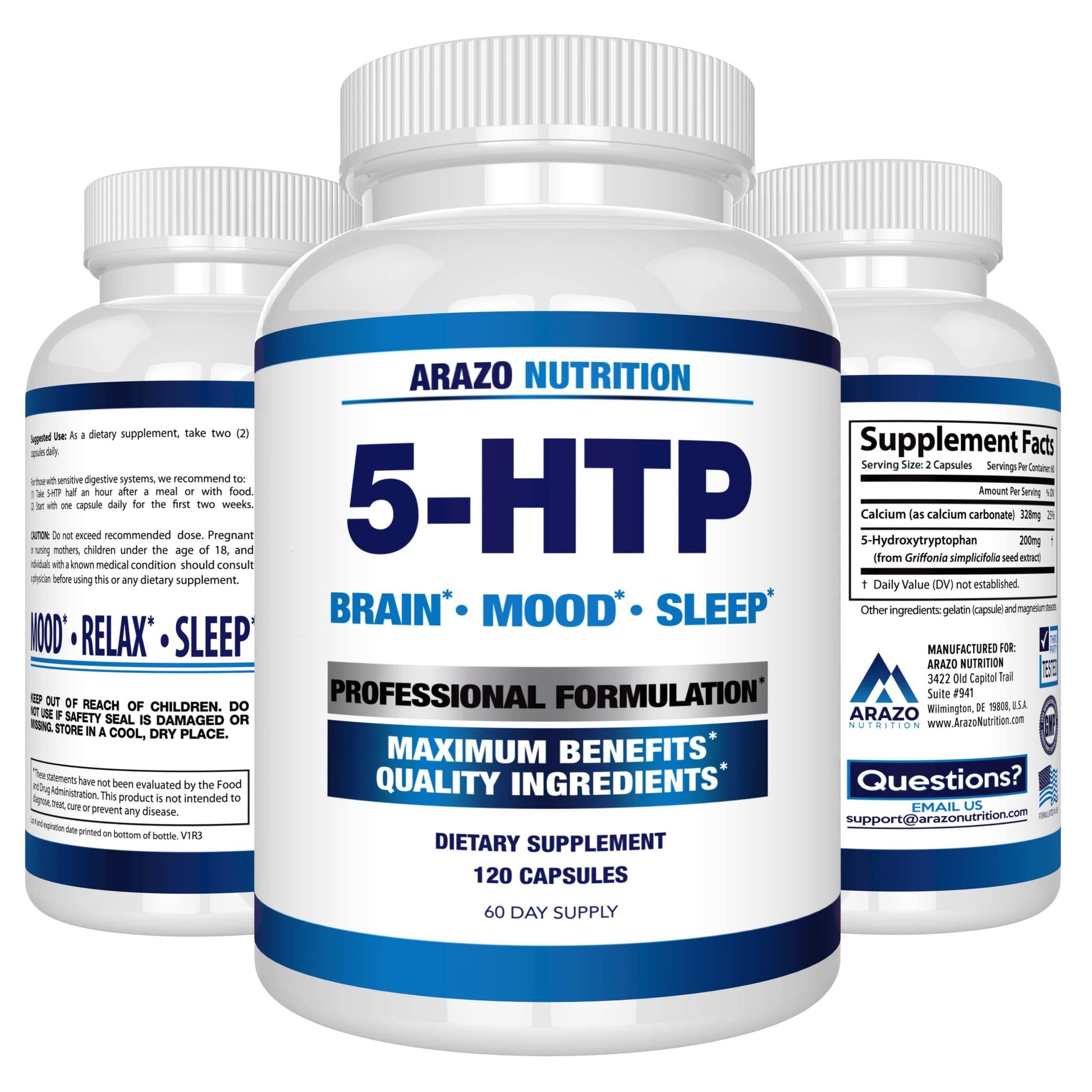 Arazo Nutrition 5-HTP 200 MG Plus Calcium for Mood, Sleep – Supports Calm and Relaxed Mood – 99% High Purity – 120 Capsules - zenfulharmony.com