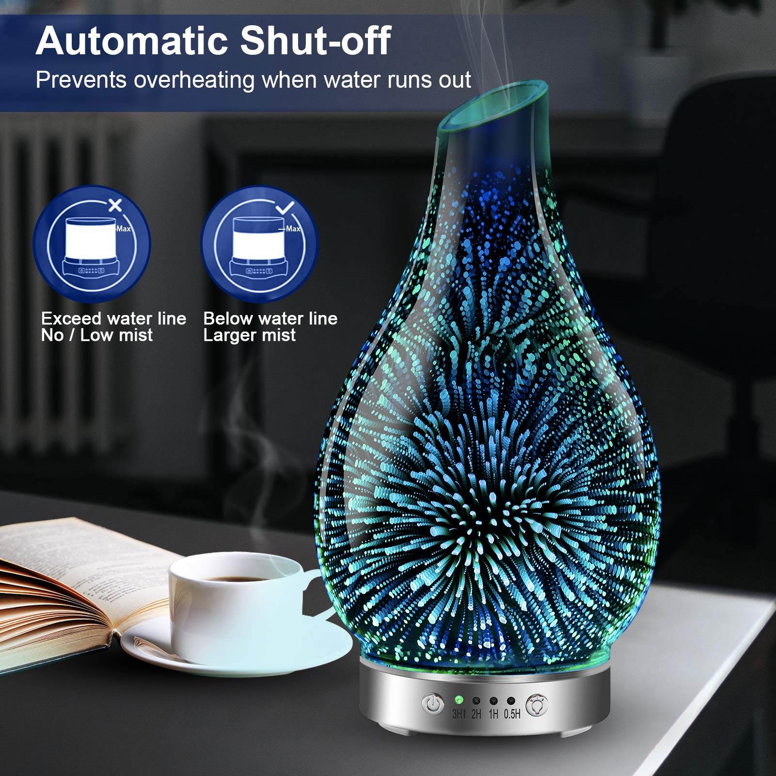 MAXWINER Essential Oil Diffusers Ultrasonic 3D Glass Aromatherapy Diffuser, Auto Shut-Off, Timer Setting, 7 Colors LED Lights Changing for Home, Office, Spa 120ml - zenfulharmony.com