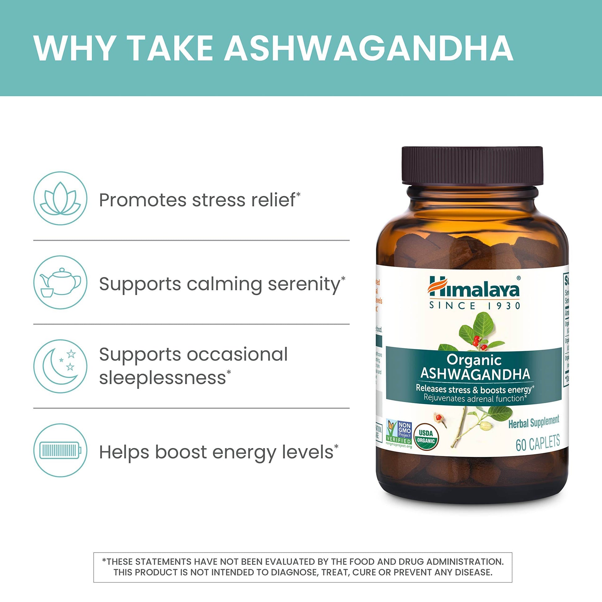 Himalaya Organic Ashwagandha, 60 Day Supply, Herbal Supplement for Stress Relief, Energy Support, Occasional Sleeplessness, Organic, Non-GMO, Vegan, Gluten Free, 670 mg, 60 Caplets - zenfulharmony.com
