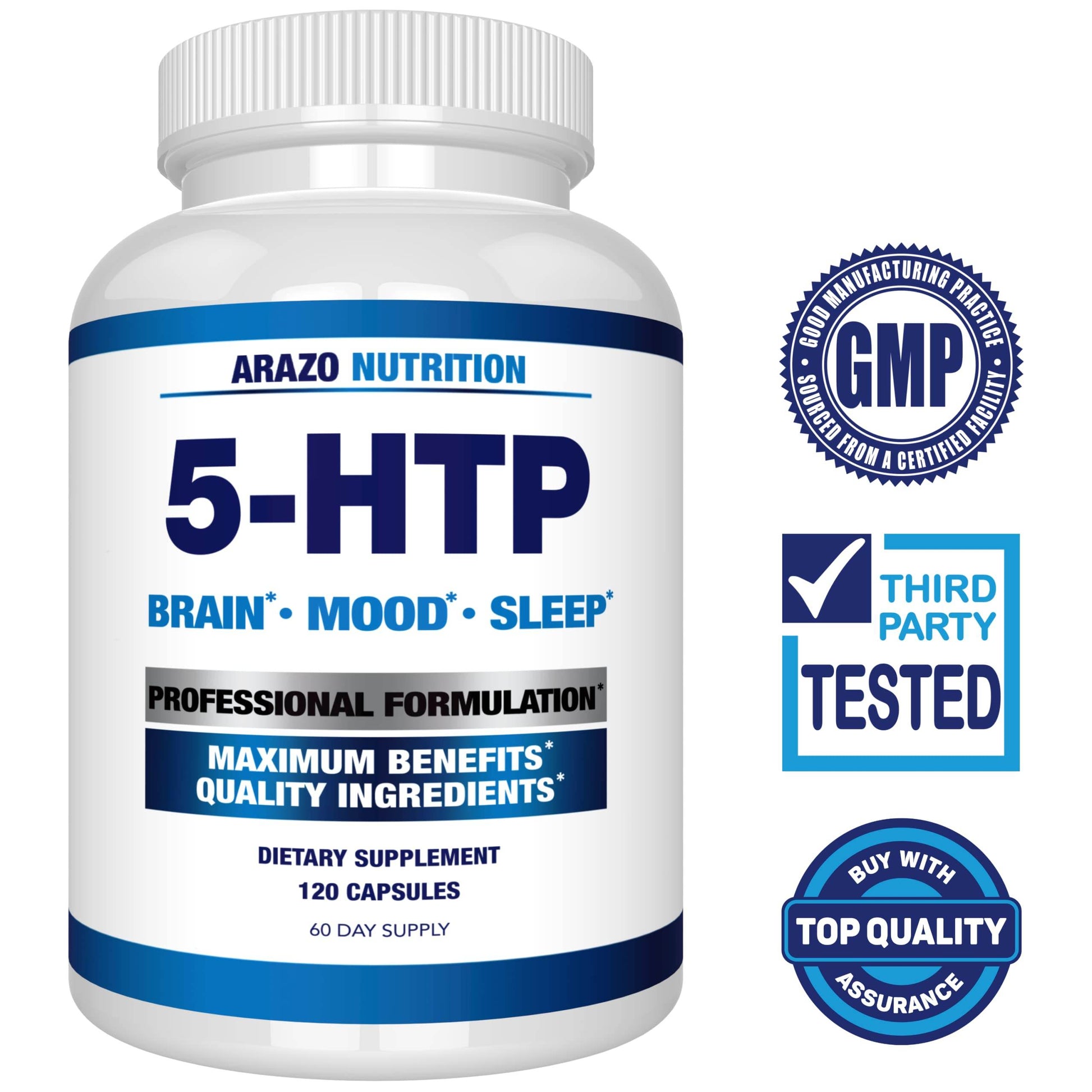 Arazo Nutrition 5-HTP 200 MG Plus Calcium for Mood, Sleep – Supports Calm and Relaxed Mood – 99% High Purity – 120 Capsules - zenfulharmony.com