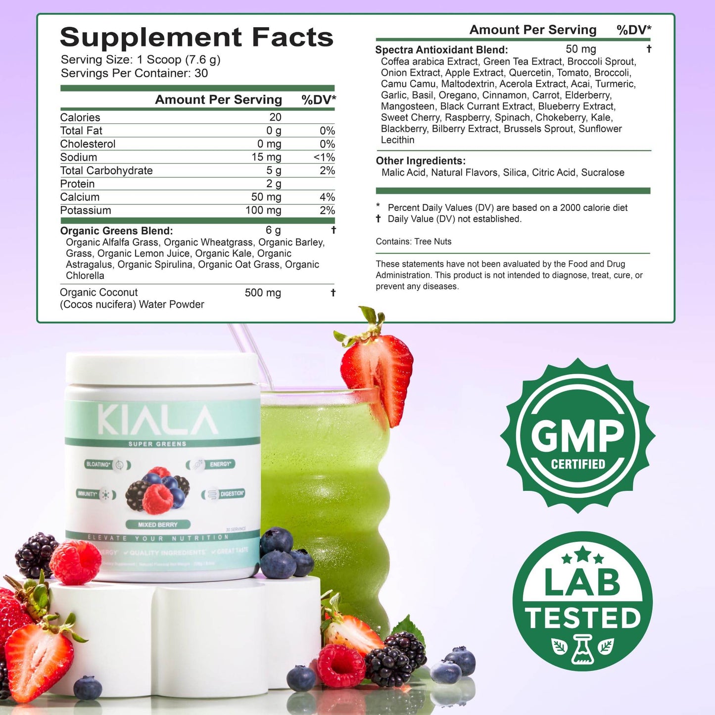 Kiala Nutrition Super Greens, Organic Greens Powder with Spirulina & Chlorella for Digestion, Gut Health, Immunity & Energy, Gluten Free, Vegan, Daily Support for Women, Mixed Berry, 30 Servings - zenfulharmony.com