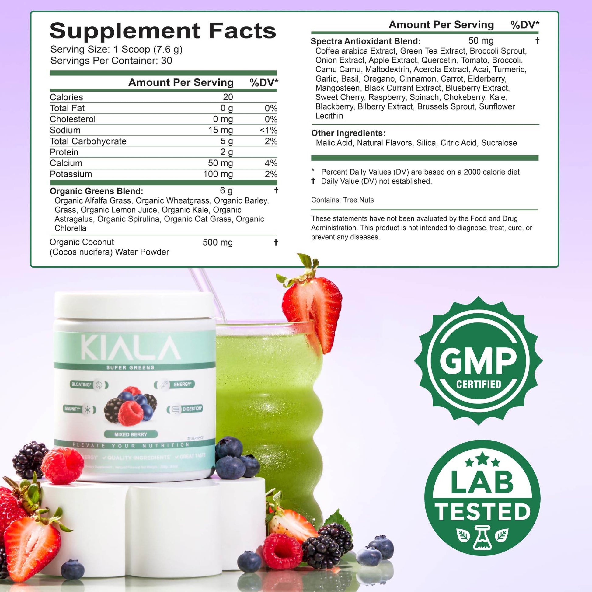 Kiala Nutrition Super Greens, Organic Greens Powder with Spirulina & Chlorella for Digestion, Gut Health, Immunity & Energy, Gluten Free, Vegan, Daily Support for Women, Mixed Berry, 30 Servings - zenfulharmony.com