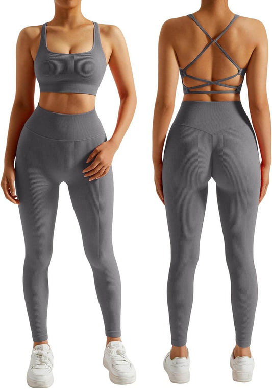 RXRXCOCO Ribbed Workout Sets for Women 2 Piece Backless Strappy Sports Bra Seamless Leggings Matching Set Yoga Outfits - zenfulharmony.com