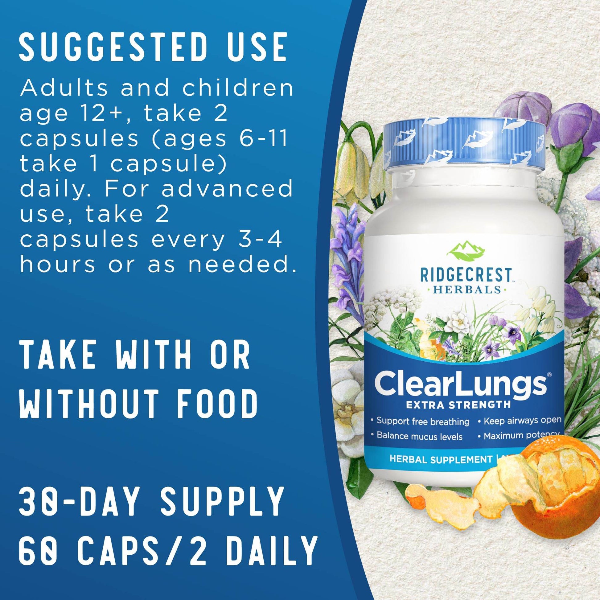 RidgeCrest Herbals ClearLungs Extra Strength, Natural Lung, Nasal Health Formula, Bronchial, Respiratory, Sinus, Mucus Support (60 Caps, 30 Serv) - zenfulharmony.com