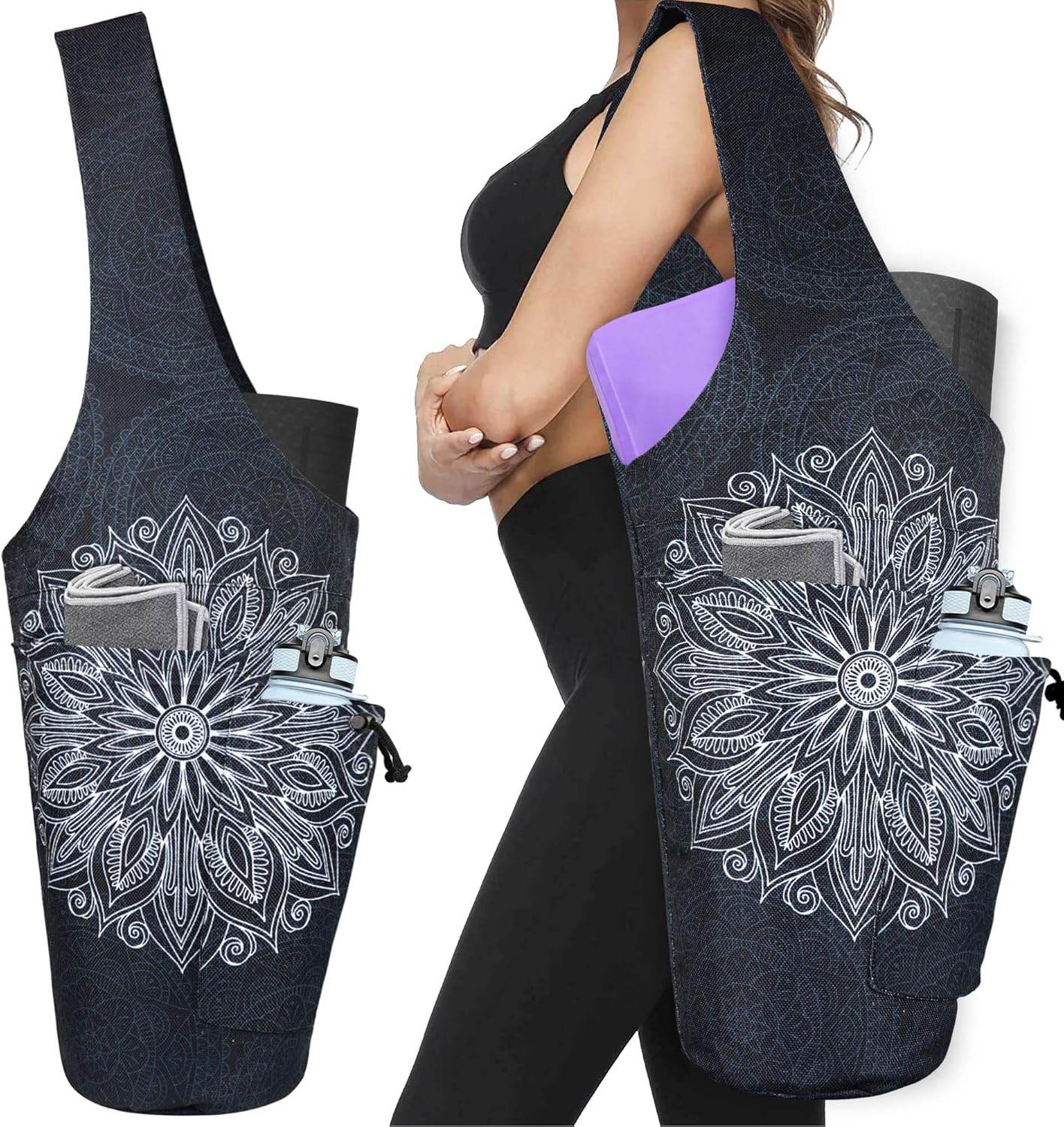 Yoga Mat Bag - Large Opening Long Tote Yoga Mat Carrier Holder Bag with Waterproof Wet Zipper Pocket and Drawstring Water Bottle Pocket - Yoga Bag Fit Most Size Mats - zenfulharmony.com