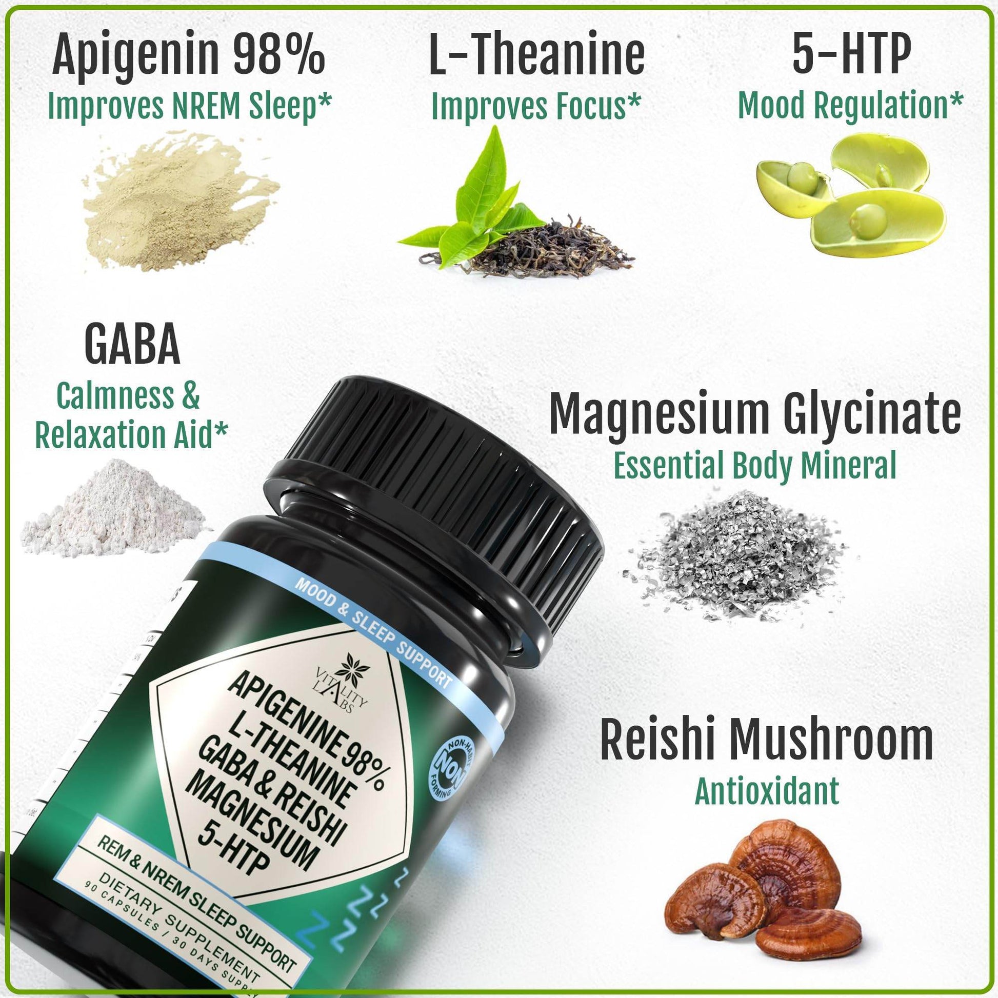 Vitality Labs Natural Sleep Aid Supplement for Adults Without Melatonin - Non-Habit Forming Herbal Sleep - GABA, L-Theanine, Reishi Mushroom, Apigenin, Magnesium Glycinate, 5-HTP - 90 Vegan Capsules - zenfulharmony.com