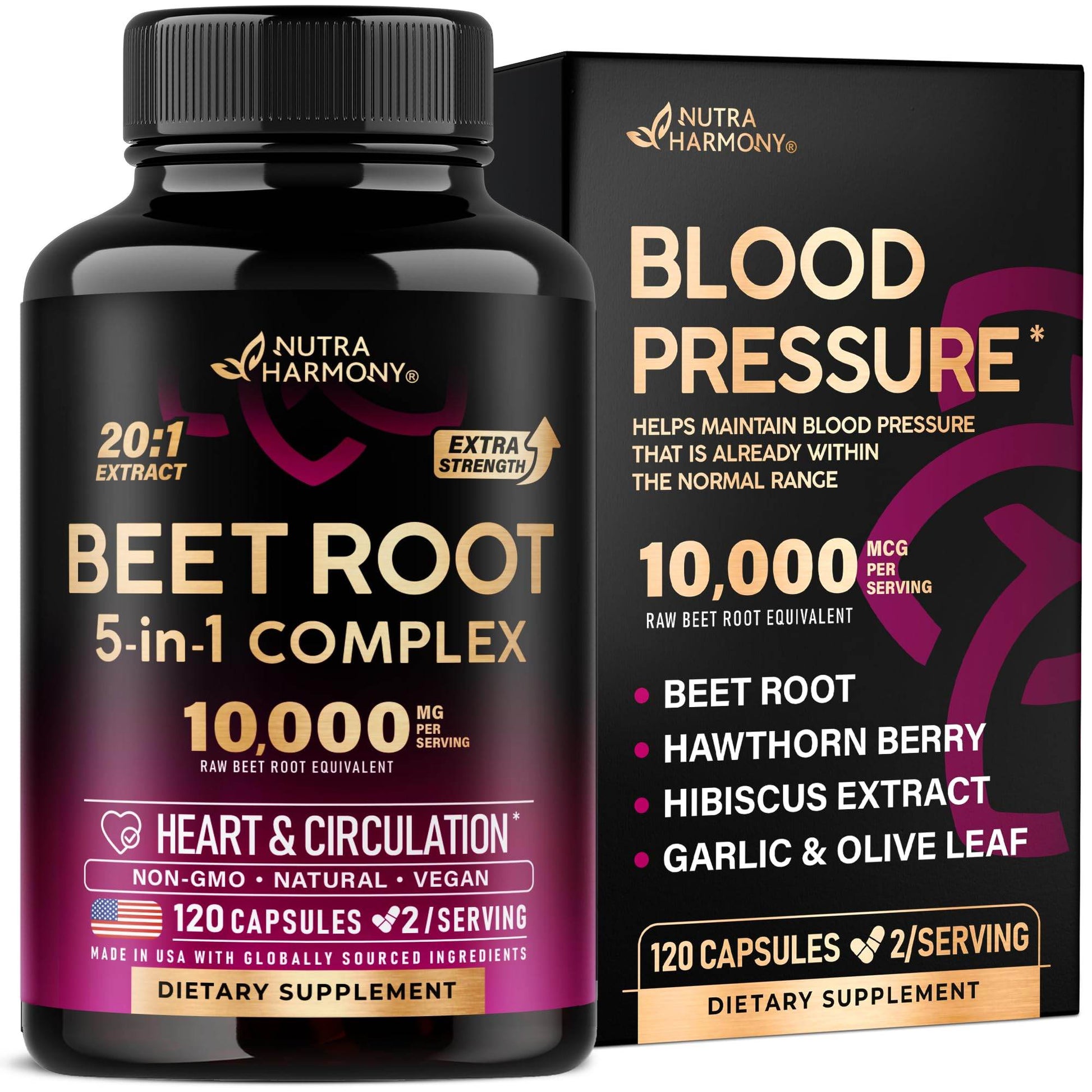 Beet Root Capsules 10000 mg - Healthy Blood Pressure Support Supplement** for Heart & Circulation Support - with Hawthorn Berry, Hibiscus & Garlic - Nitric Oxide for Energy - Made in USA, 120 Capsules - zenfulharmony.com