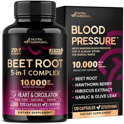 Beet Root Capsules 10000 mg - Healthy Blood Pressure Support Supplement** for Heart & Circulation Support - with Hawthorn Berry, Hibiscus & Garlic - Nitric Oxide for Energy - Made in USA, 120 Capsules - zenfulharmony.com