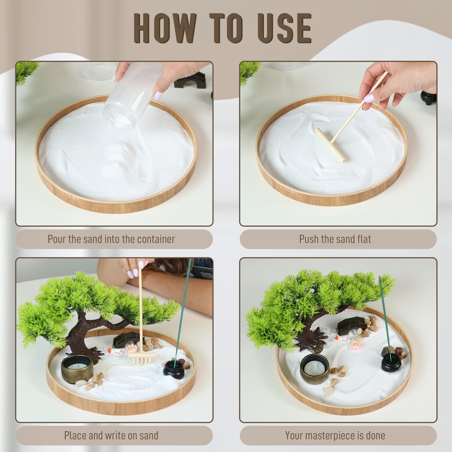 Japanese Zen Garden for Desk - Zen Garden Sand Kit, Artificial Bonsai Tree, Rakes & Accessories - Japanese Decor Office Home Desktop Relaxation Sandbox Decor. 9.5" Inches Wooden Round Tray - zenfulharmony.com