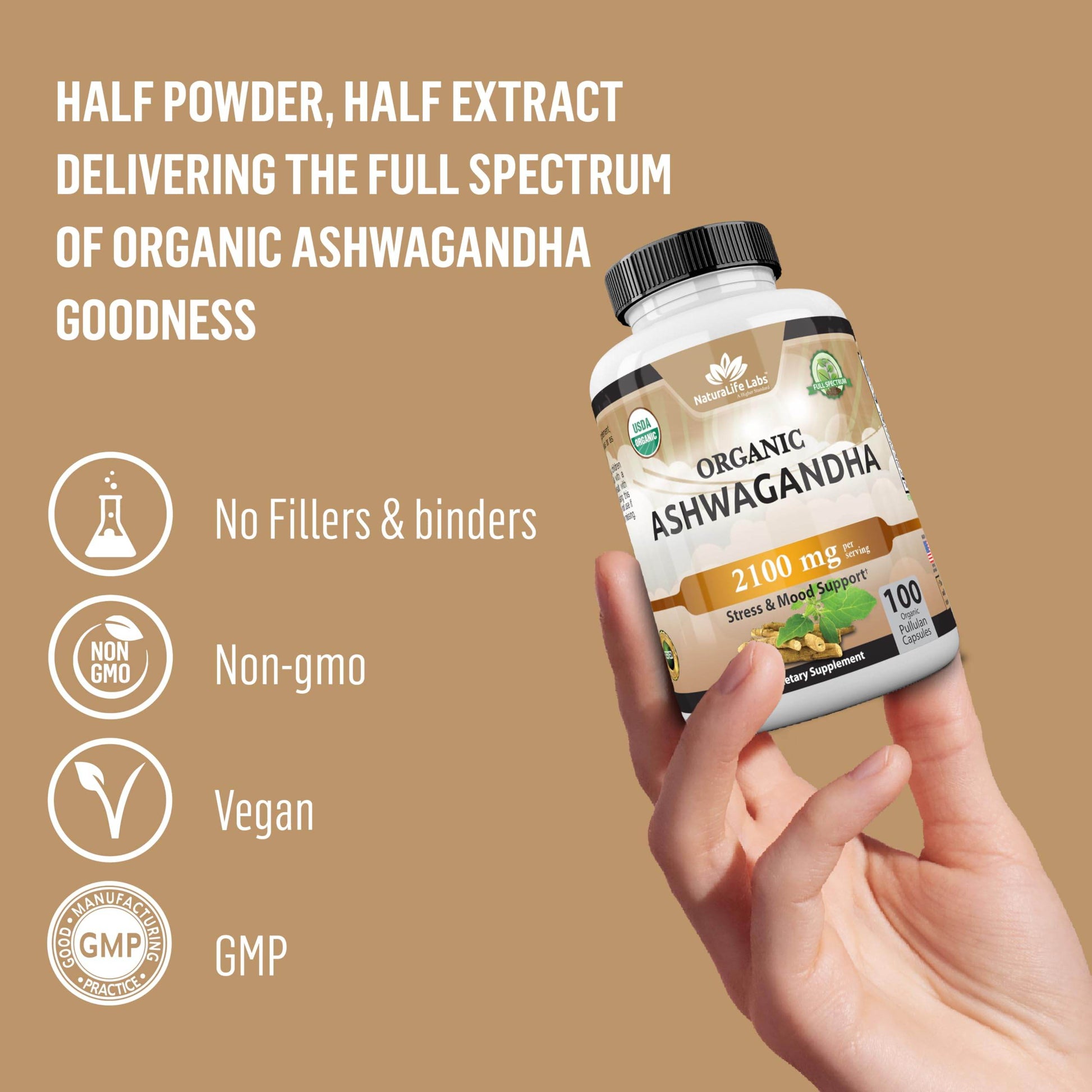 Organic Ashwagandha 2,100 mg - 100 Veggie Capsules Pure Organic Ashwagandha Powder and Root Extract - Stress Relief, Mood Enhancer - zenfulharmony.com