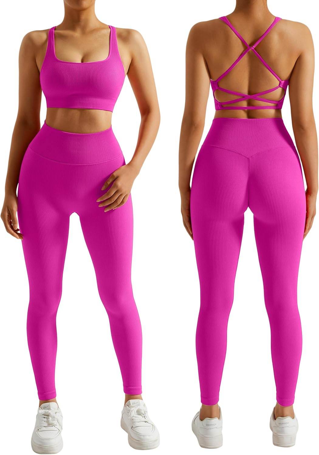 RXRXCOCO Ribbed Workout Sets for Women 2 Piece Backless Strappy Sports Bra Seamless Leggings Matching Set Yoga Outfits - zenfulharmony.com