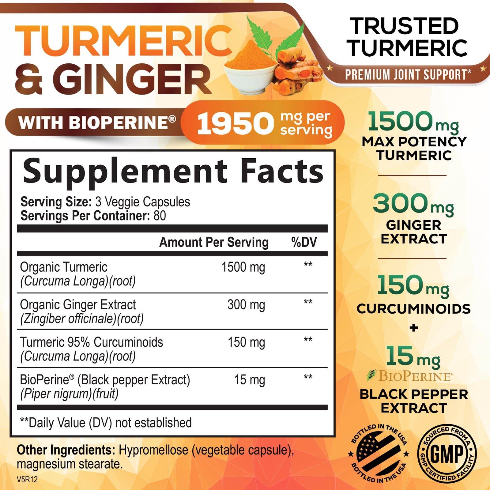 Turmeric Curcumin Supplement 1950mg with Organic Turmeric & Ginger, 95% Curcuminoids, BioPerine Black Pepper for Best Absorption, Nature's Vegan Joint Support, Non-GMO, Bottled in USA - 240 Capsules - zenfulharmony.com